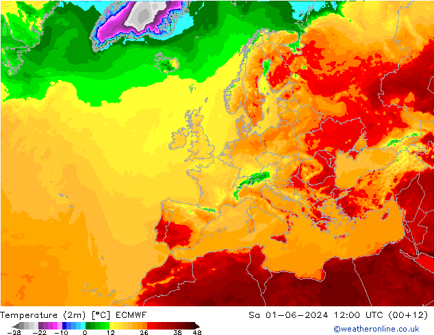 Temperature (2m) ECMWF So 01.06.2024 12 UTC