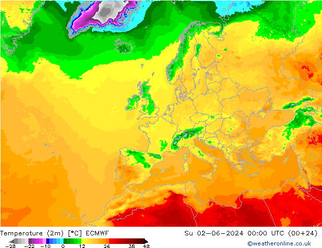 Temperature (2m) ECMWF Ne 02.06.2024 00 UTC