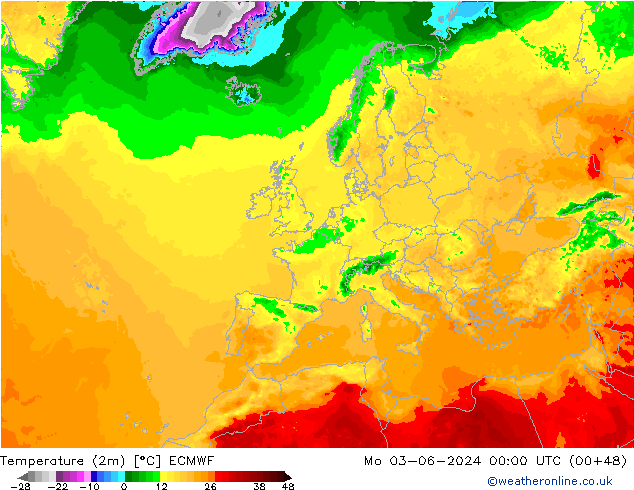 Temperaturkarte (2m) ECMWF Mo 03.06.2024 00 UTC