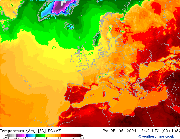 Temperatuurkaart (2m) ECMWF wo 05.06.2024 12 UTC