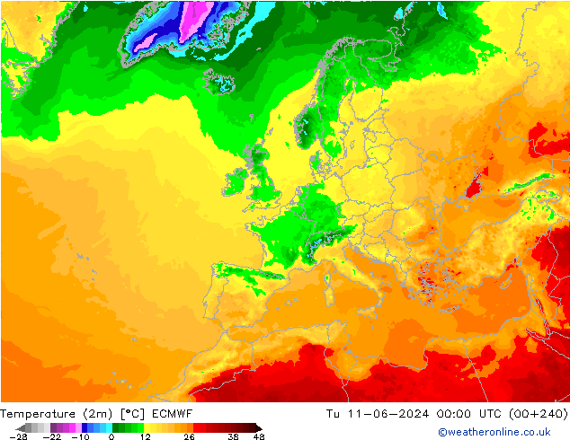 Temperature (2m) ECMWF Tu 11.06.2024 00 UTC