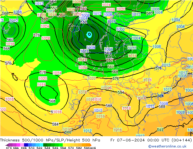 Espesor 500-1000 hPa ECMWF vie 07.06.2024 00 UTC