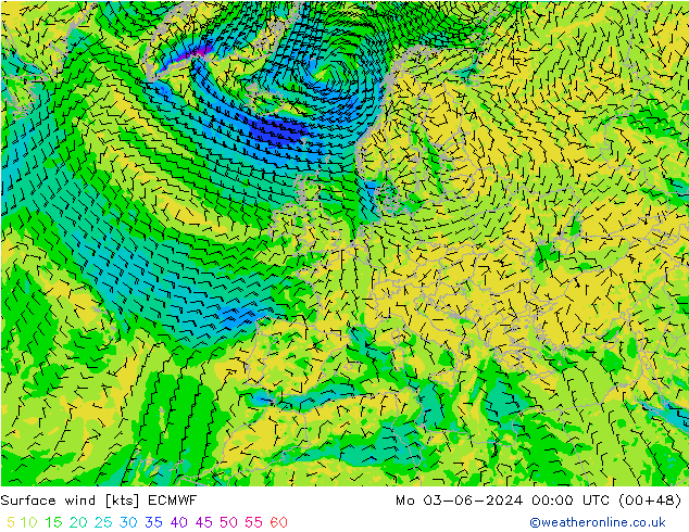 Surface wind ECMWF Po 03.06.2024 00 UTC