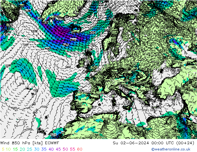 Wind 850 hPa ECMWF So 02.06.2024 00 UTC