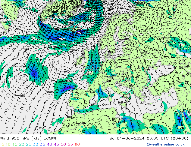 Viento 950 hPa ECMWF sáb 01.06.2024 06 UTC