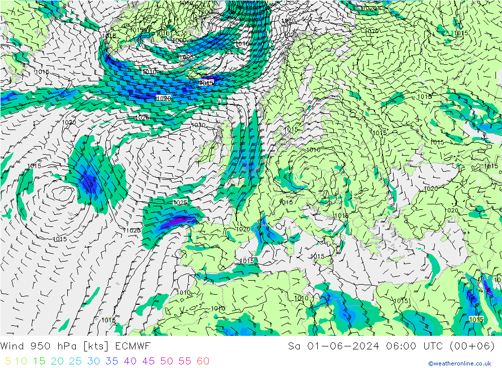 Prec 6h/Wind 10m/950 ECMWF sam 01.06.2024 06 UTC