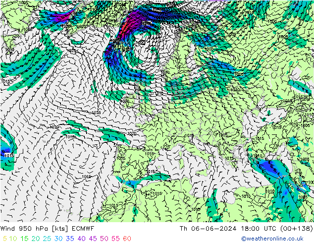 ветер 950 гПа ECMWF чт 06.06.2024 18 UTC