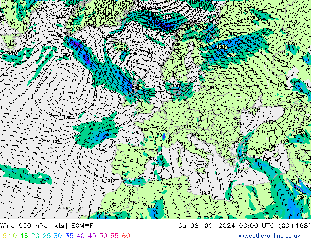 Vento 950 hPa ECMWF sab 08.06.2024 00 UTC