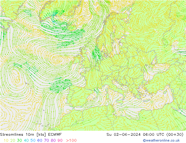 Línea de corriente 10m ECMWF dom 02.06.2024 06 UTC