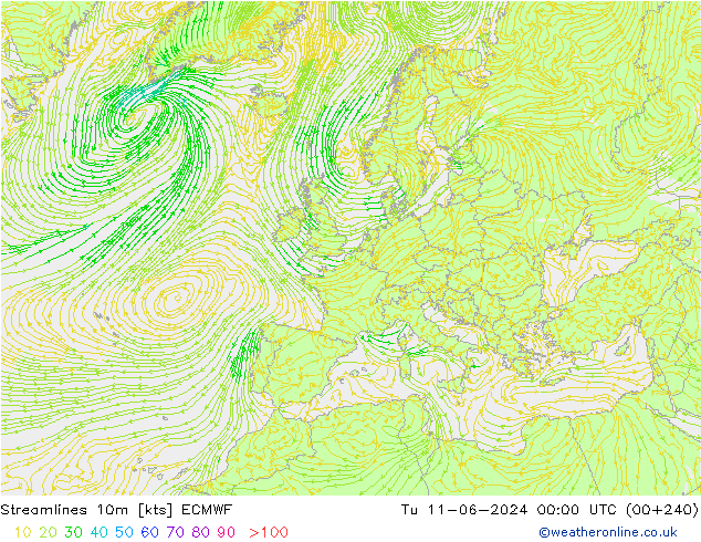 Ligne de courant 10m ECMWF mar 11.06.2024 00 UTC