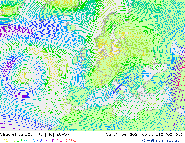 Streamlines 200 hPa ECMWF Sa 01.06.2024 03 UTC