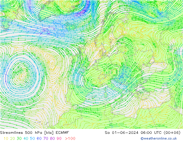 ветер 500 гПа ECMWF сб 01.06.2024 06 UTC