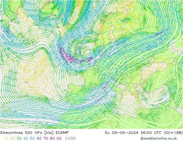 Stromlinien 500 hPa ECMWF So 09.06.2024 06 UTC