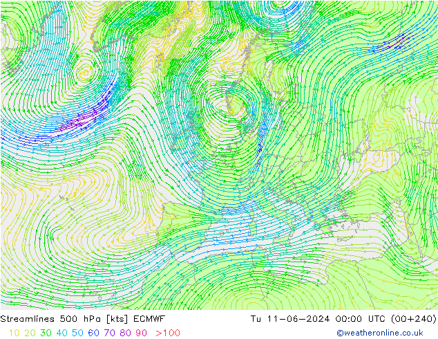 Linha de corrente 500 hPa ECMWF Ter 11.06.2024 00 UTC