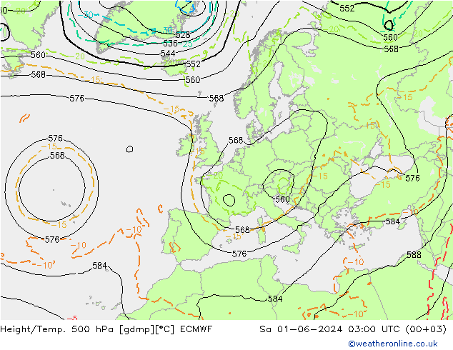 Height/Temp. 500 hPa ECMWF sab 01.06.2024 03 UTC