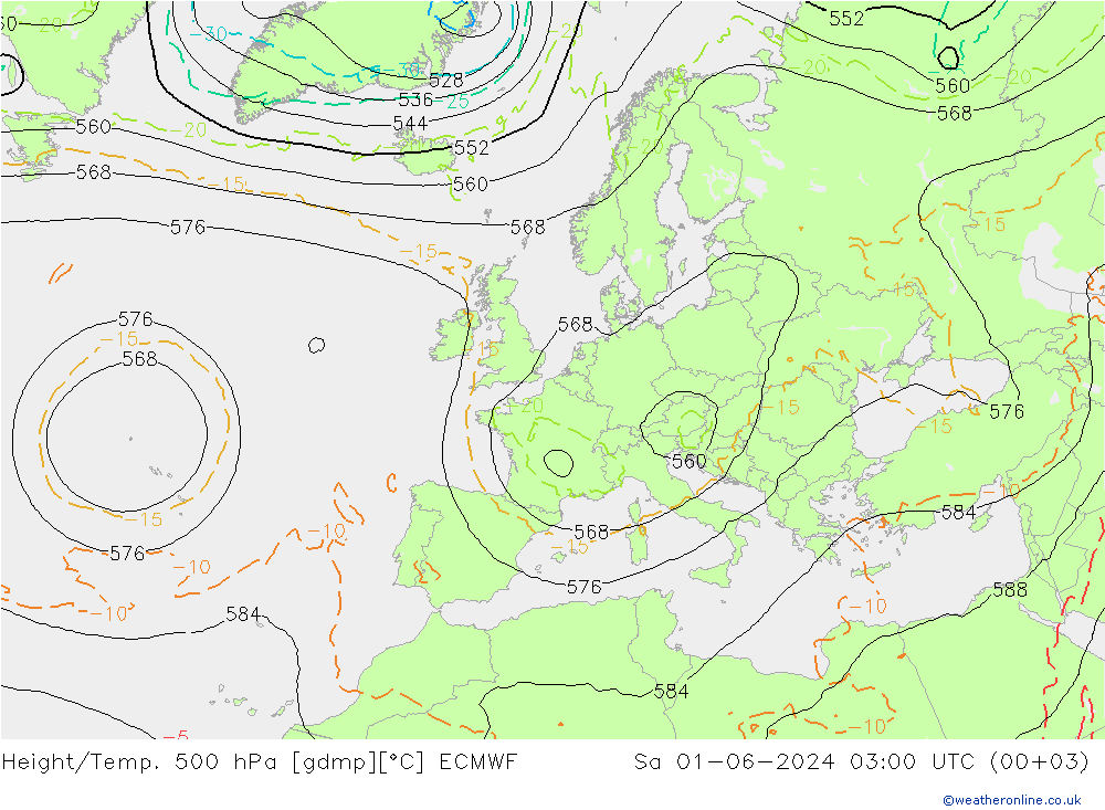 Height/Temp. 500 hPa ECMWF 星期六 01.06.2024 03 UTC