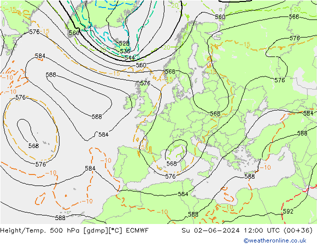 Z500/Rain (+SLP)/Z850 ECMWF Su 02.06.2024 12 UTC