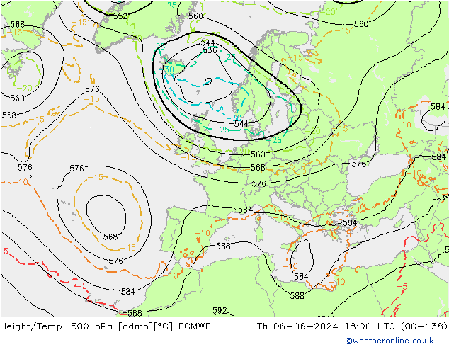 Z500/Rain (+SLP)/Z850 ECMWF Čt 06.06.2024 18 UTC