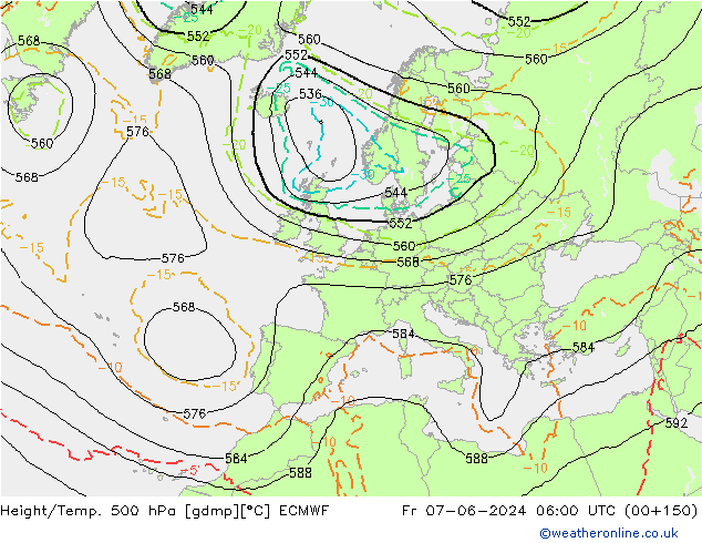 Z500/Rain (+SLP)/Z850 ECMWF Fr 07.06.2024 06 UTC