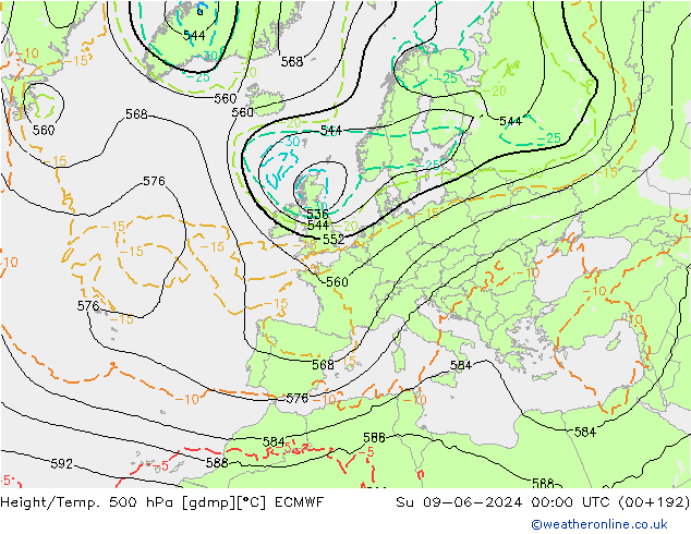 Z500/Yağmur (+YB)/Z850 ECMWF Paz 09.06.2024 00 UTC