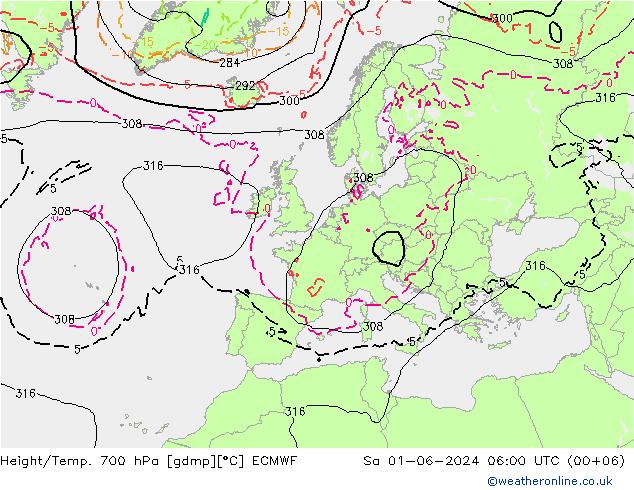 Height/Temp. 700 hPa ECMWF 星期六 01.06.2024 06 UTC