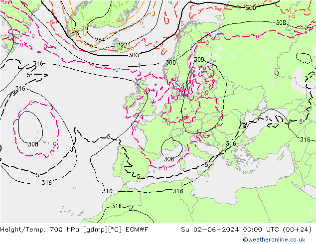 Géop./Temp. 700 hPa ECMWF dim 02.06.2024 00 UTC