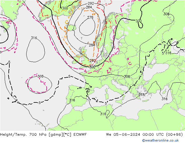 Height/Temp. 700 hPa ECMWF Qua 05.06.2024 00 UTC