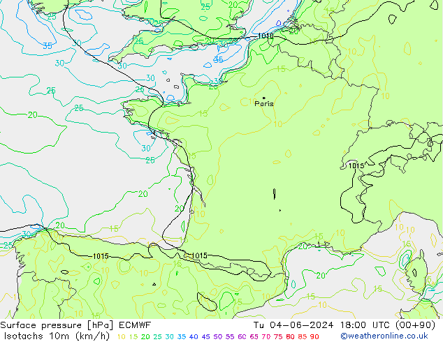 Isotachs (kph) ECMWF Tu 04.06.2024 18 UTC