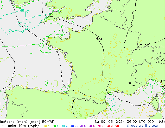 Isotachen (mph) ECMWF So 09.06.2024 06 UTC