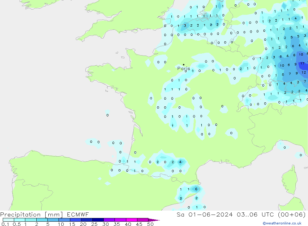 Precipitation ECMWF Sa 01.06.2024 06 UTC