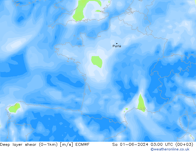 Deep layer shear (0-1km) ECMWF sáb 01.06.2024 03 UTC