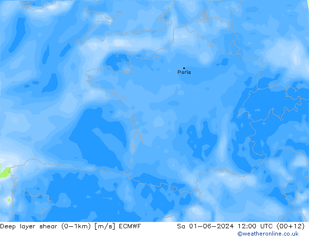 Deep layer shear (0-1km) ECMWF sam 01.06.2024 12 UTC