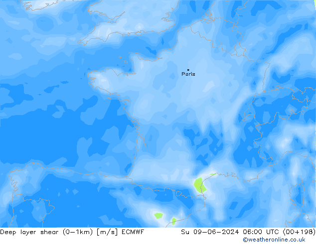 Deep layer shear (0-1km) ECMWF Dom 09.06.2024 06 UTC