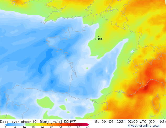 Deep layer shear (0-6km) ECMWF dim 09.06.2024 00 UTC