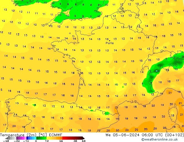 Temperatura (2m) ECMWF mer 05.06.2024 06 UTC