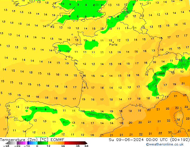 Temperature (2m) ECMWF Ne 09.06.2024 00 UTC