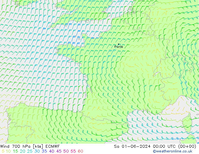 Vento 700 hPa ECMWF sab 01.06.2024 00 UTC