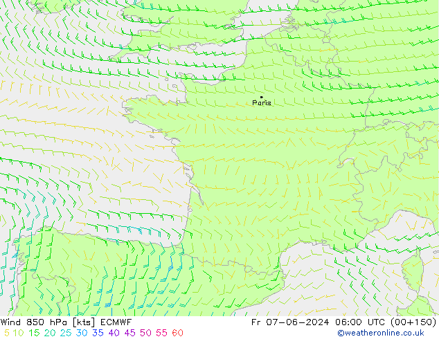Wind 850 hPa ECMWF Pá 07.06.2024 06 UTC