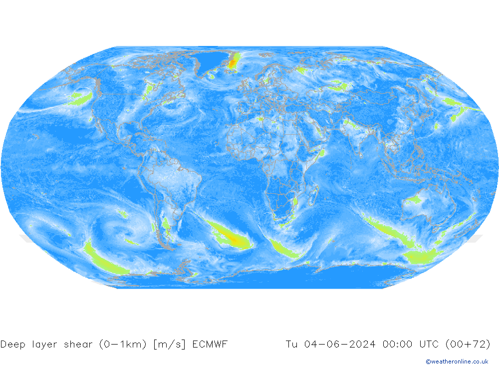 Deep layer shear (0-1km) ECMWF mar 04.06.2024 00 UTC