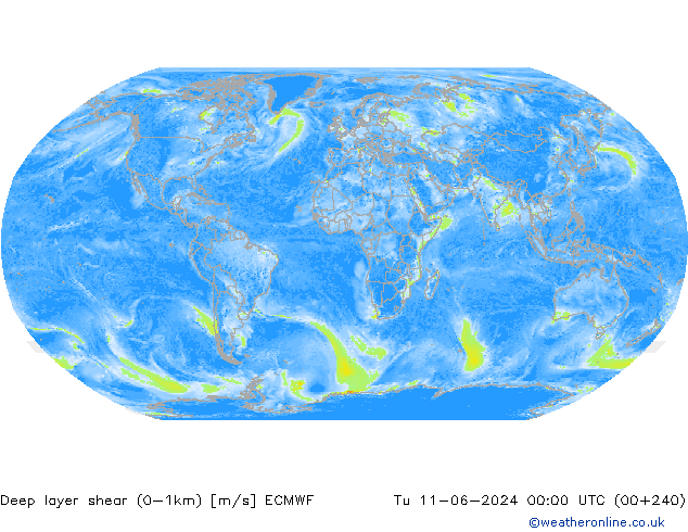 Deep layer shear (0-1km) ECMWF mar 11.06.2024 00 UTC