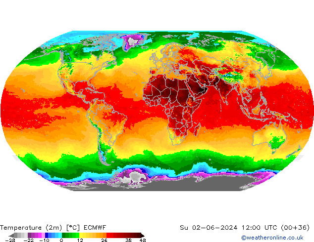 Temperature (2m) ECMWF Su 02.06.2024 12 UTC