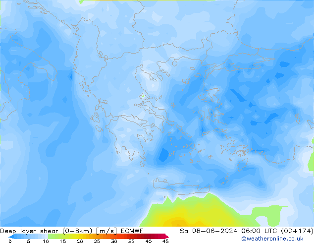 Deep layer shear (0-6km) ECMWF  08.06.2024 06 UTC