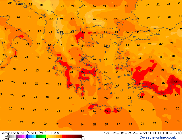 Temperature (2m) ECMWF Sa 08.06.2024 06 UTC