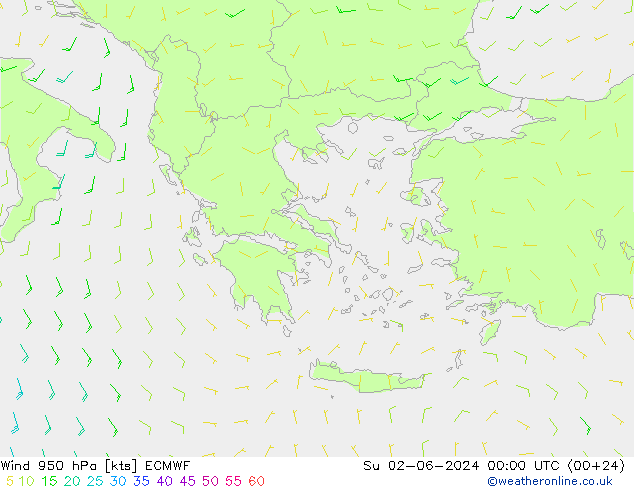 wiatr 950 hPa ECMWF nie. 02.06.2024 00 UTC