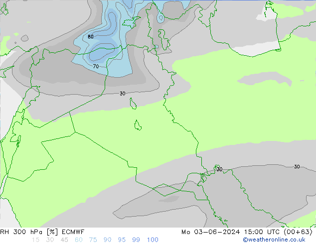 Humidité rel. 300 hPa ECMWF lun 03.06.2024 15 UTC