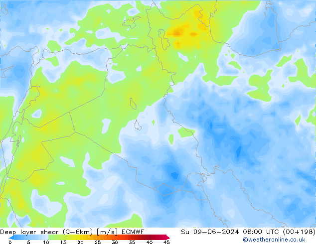 Deep layer shear (0-6km) ECMWF Su 09.06.2024 06 UTC