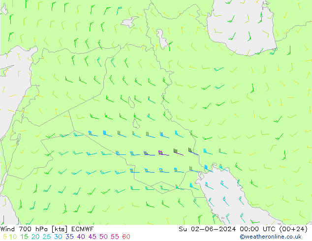 Wind 700 hPa ECMWF Su 02.06.2024 00 UTC