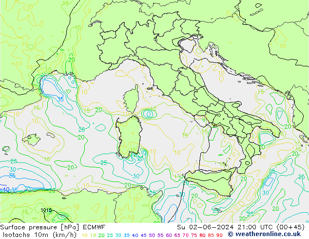 Isotachs (kph) ECMWF Su 02.06.2024 21 UTC