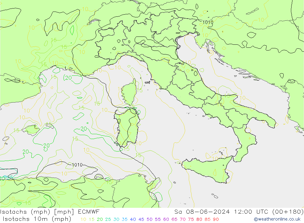 Isotachen (mph) ECMWF za 08.06.2024 12 UTC