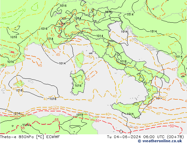 Theta-e 850hPa ECMWF di 04.06.2024 06 UTC